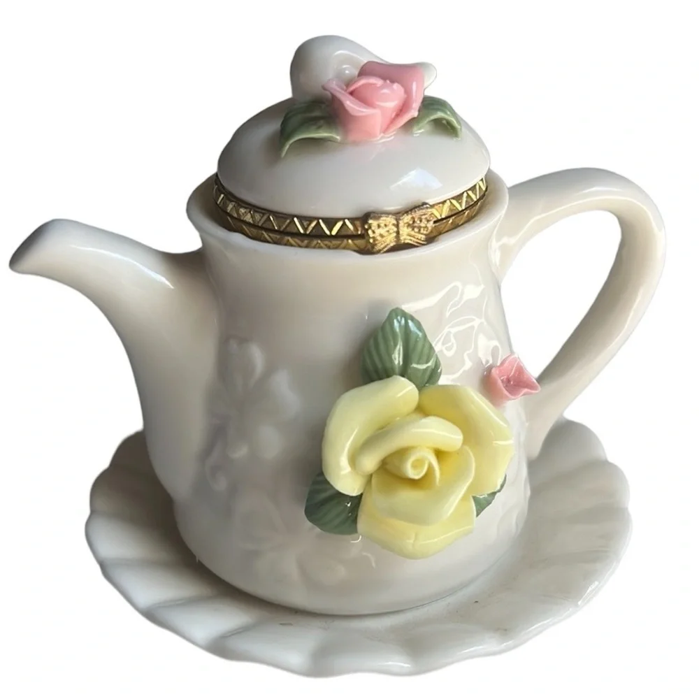 Mini Tea Pot Off White Fine Porcelain Capodimonte Yellow Rose FloralTrinket Box